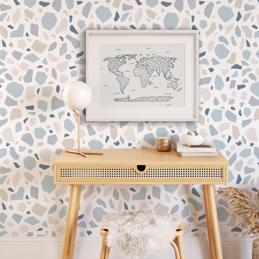 Modern Map art print in Dark Teal by artist Brenda Bird pictured in a Bedroom