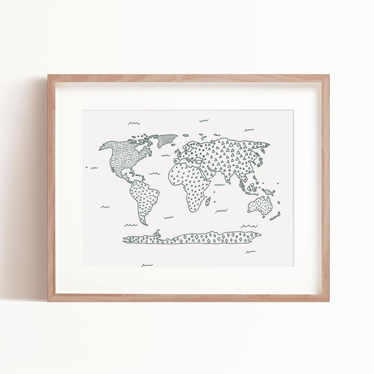 Modern Map art print in Dark Teal in a frame by artist Brenda Bird