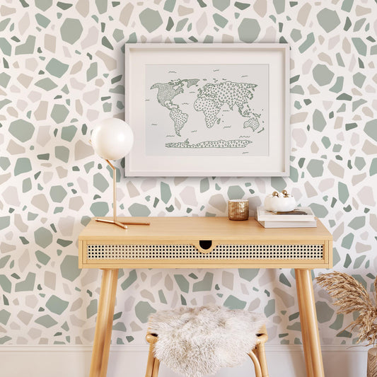 Modern Map art print in Green by artist Brenda Bird pictured in a Bedroom
