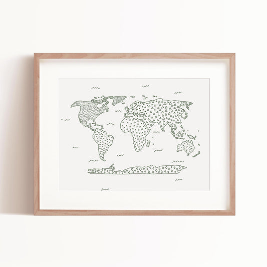 Modern Map art print in Green in a frame by artist Brenda Bird