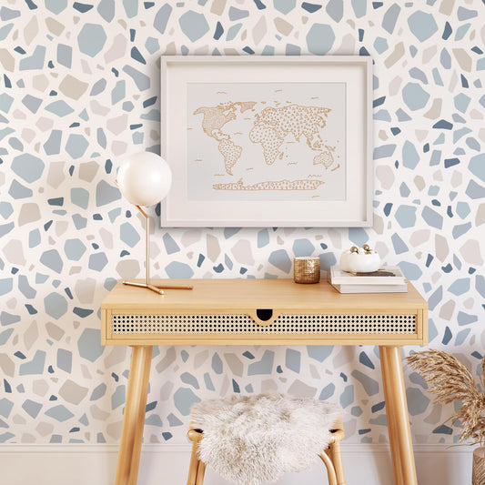 Modern Map art print in Tan by artist Brenda Bird pictured in a Bedroom