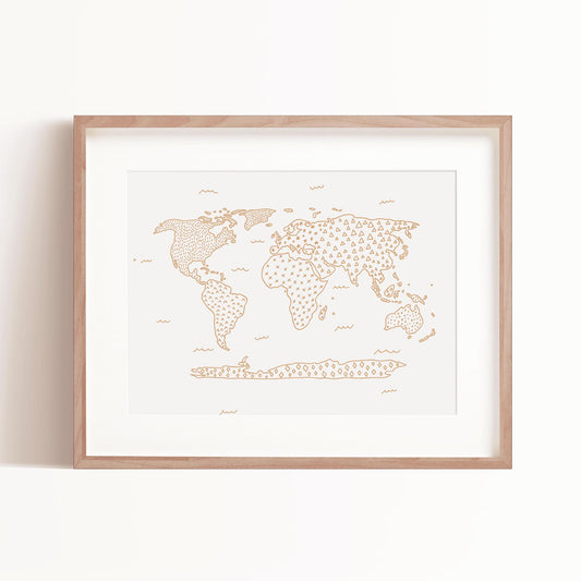 Modern Map art print in Tan in a frame by artist Brenda Bird