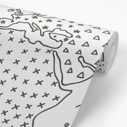 Sample roll of Modern Map Wallpaper in Charcoal by artist Brenda Bird