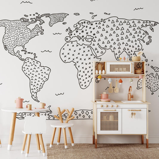 Playroom preview of Modern Map Wallpaper in Charcoal by artist Brenda Bird