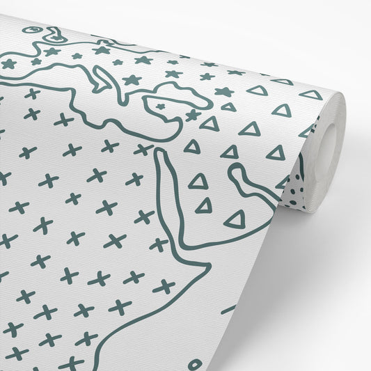 Sample roll of Modern Map Wallpaper in Dark Teal by artist Brenda Bird