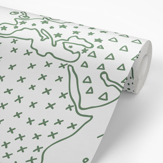 Sample roll of Modern Map Wallpaper in Green by artist Brenda Bird