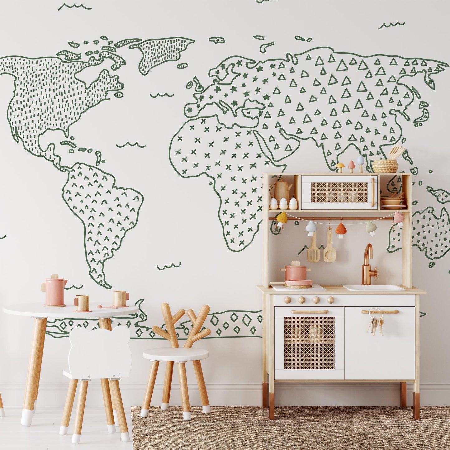 Playroom preview of Modern Map Wallpaper in Green by artist Brenda Bird