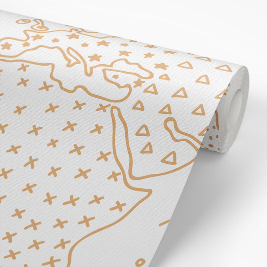 Sample roll of Modern Map Wallpaper in Tan by artist Brenda Bird