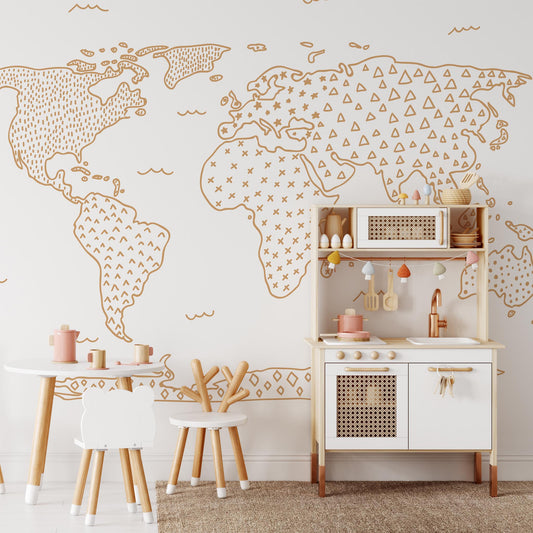 Playroom preview of Modern Map Wallpaper in Tan by artist Brenda Bird