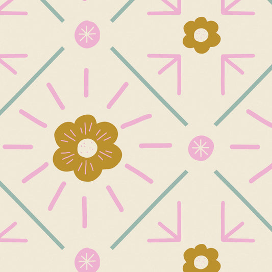 Closeup view of Daisy Squares Wallpaper in Green and Pink by artist Brenda Bird