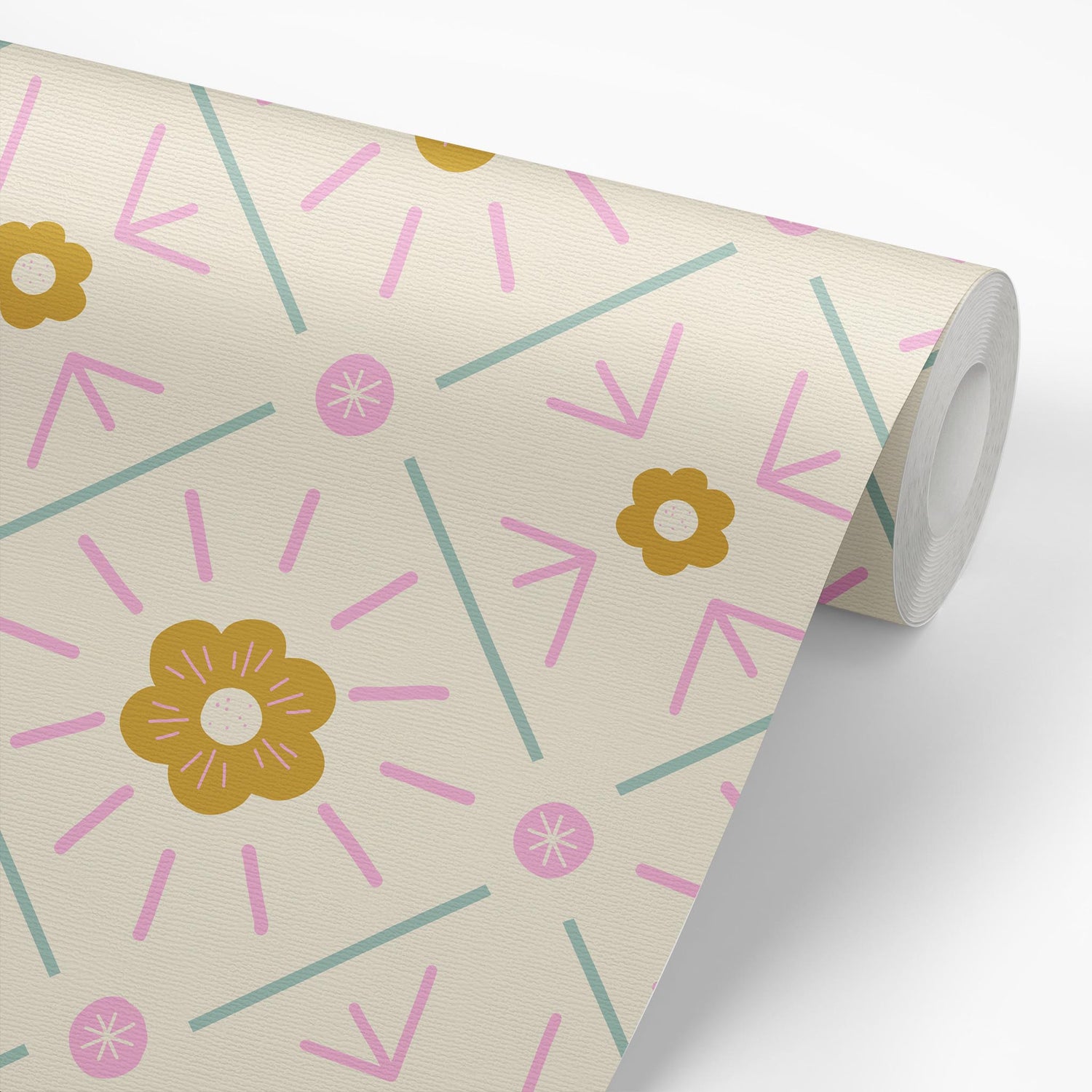 Sample roll of Daisy Squares Wallpaper in Green and Pink by artist Brenda Bird