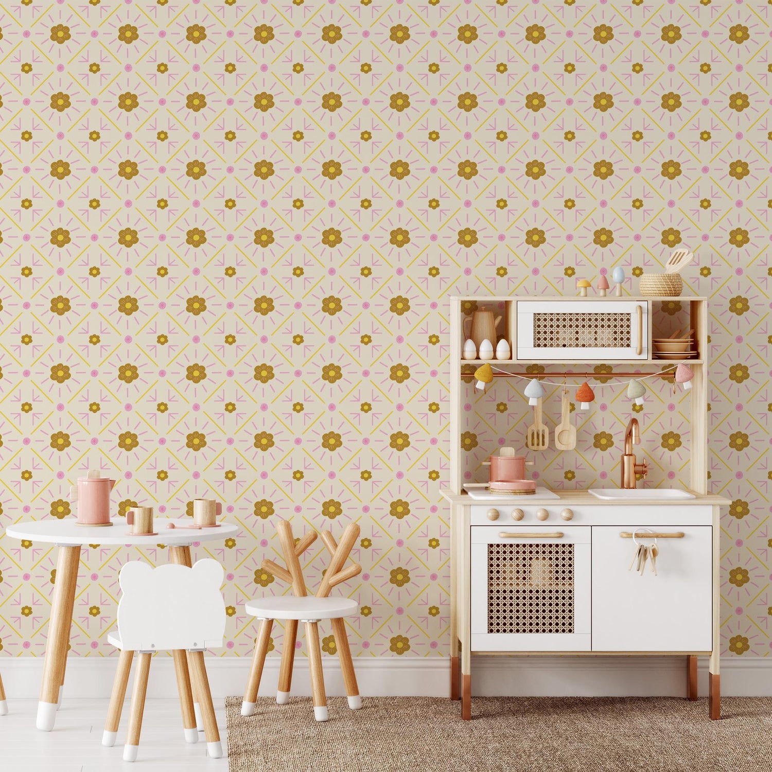 Playroom preview of Daisy Squares Wallpaper in Green and Yellow by artist Brenda Bird