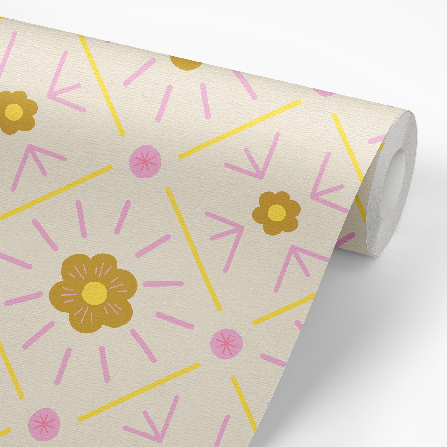 Sample roll of Daisy Squares Wallpaper in Green and Yellow by artist Brenda Bird