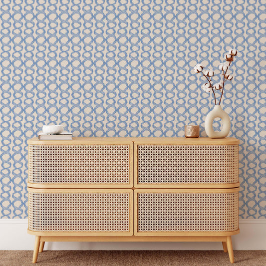 Living room preview of Circles Wallpaper in Cobalt Blue by artist Brenda Bird