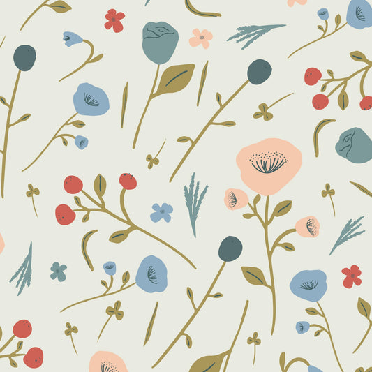 Closeup view of Floral Confetti Wallpaper in Blue by artist Brenda Bird
