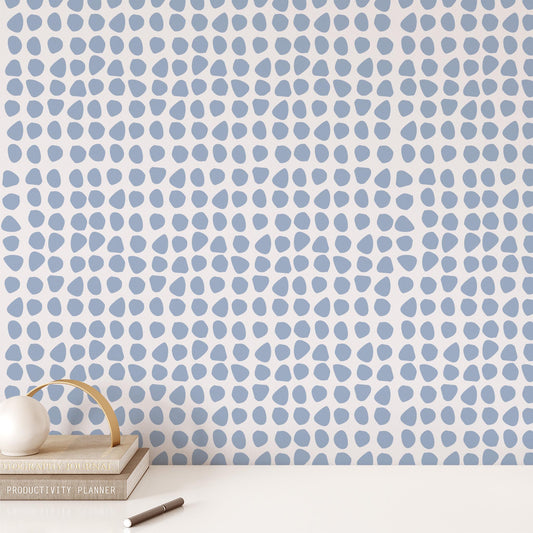 Office wall featuring Ayara's Organic Dots in Blue peel and stick, removable wallpaper designed by artist Brenda Bird