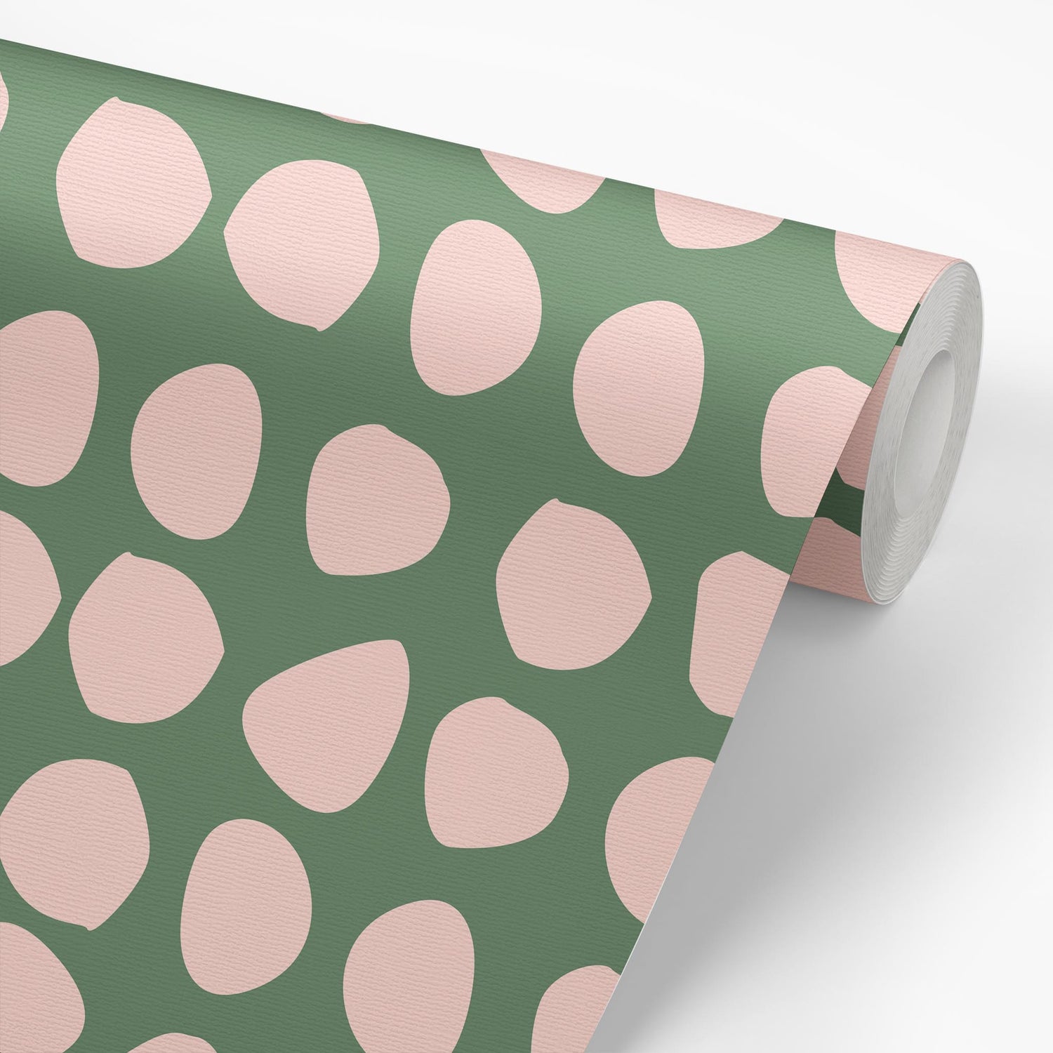 Sample roll of Organic Dots Wallpaper in Green by artist Brenda Bird