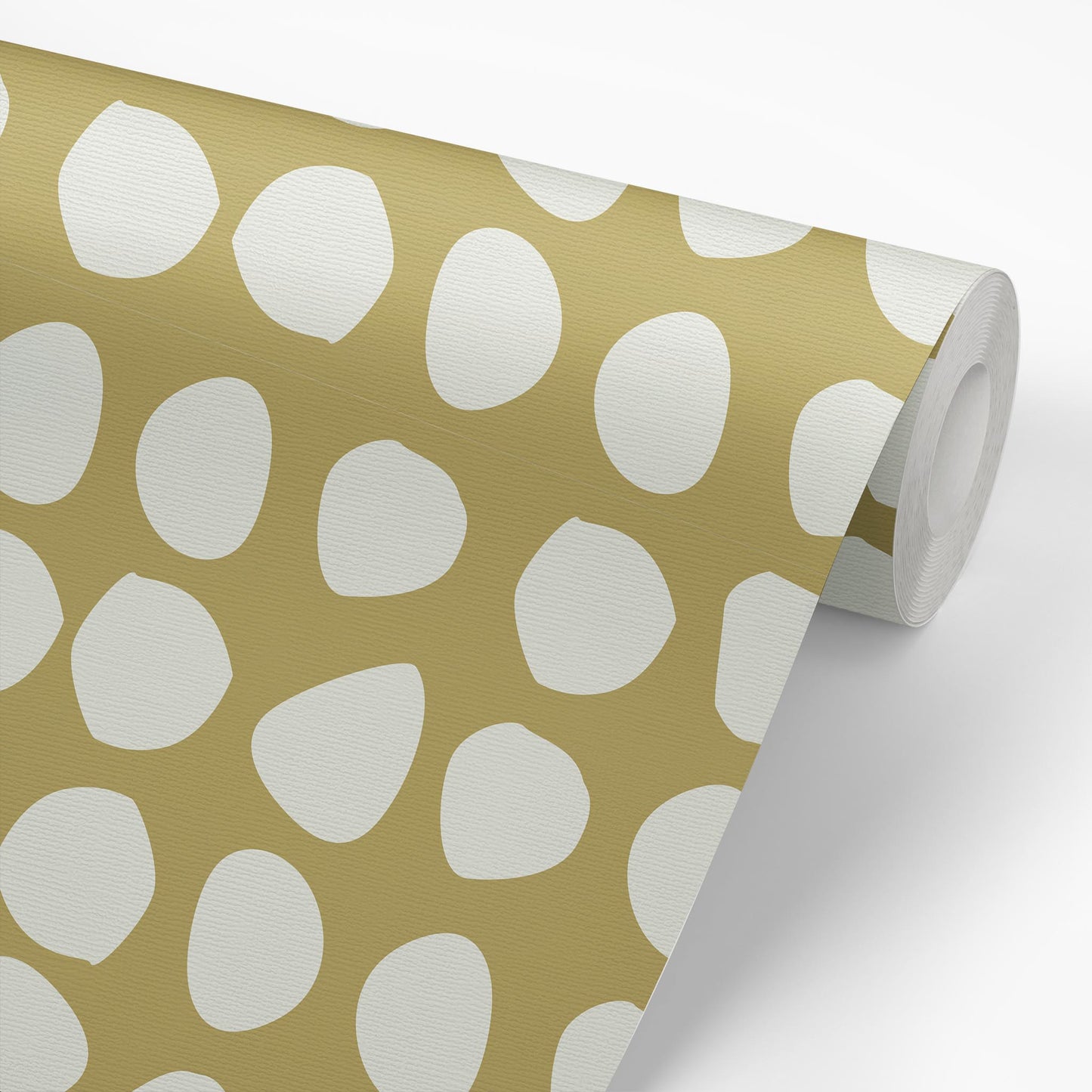 Sample roll of Organic Dots Wallpaper in Yellow Green by artist Brenda Bird