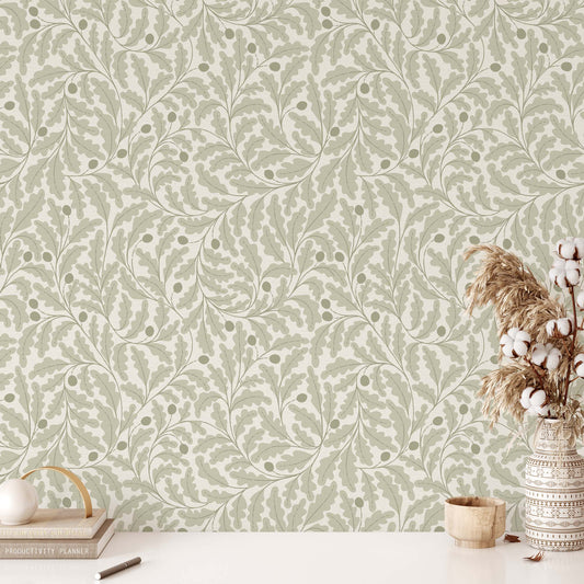 Wallpaper with a leaf pattern in a room with decor items.