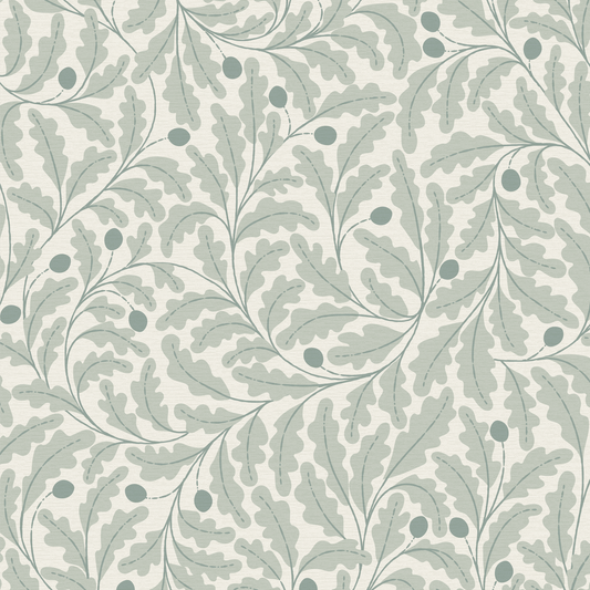 Patterned wallpaper with an oak leaf and acorn design in blue green