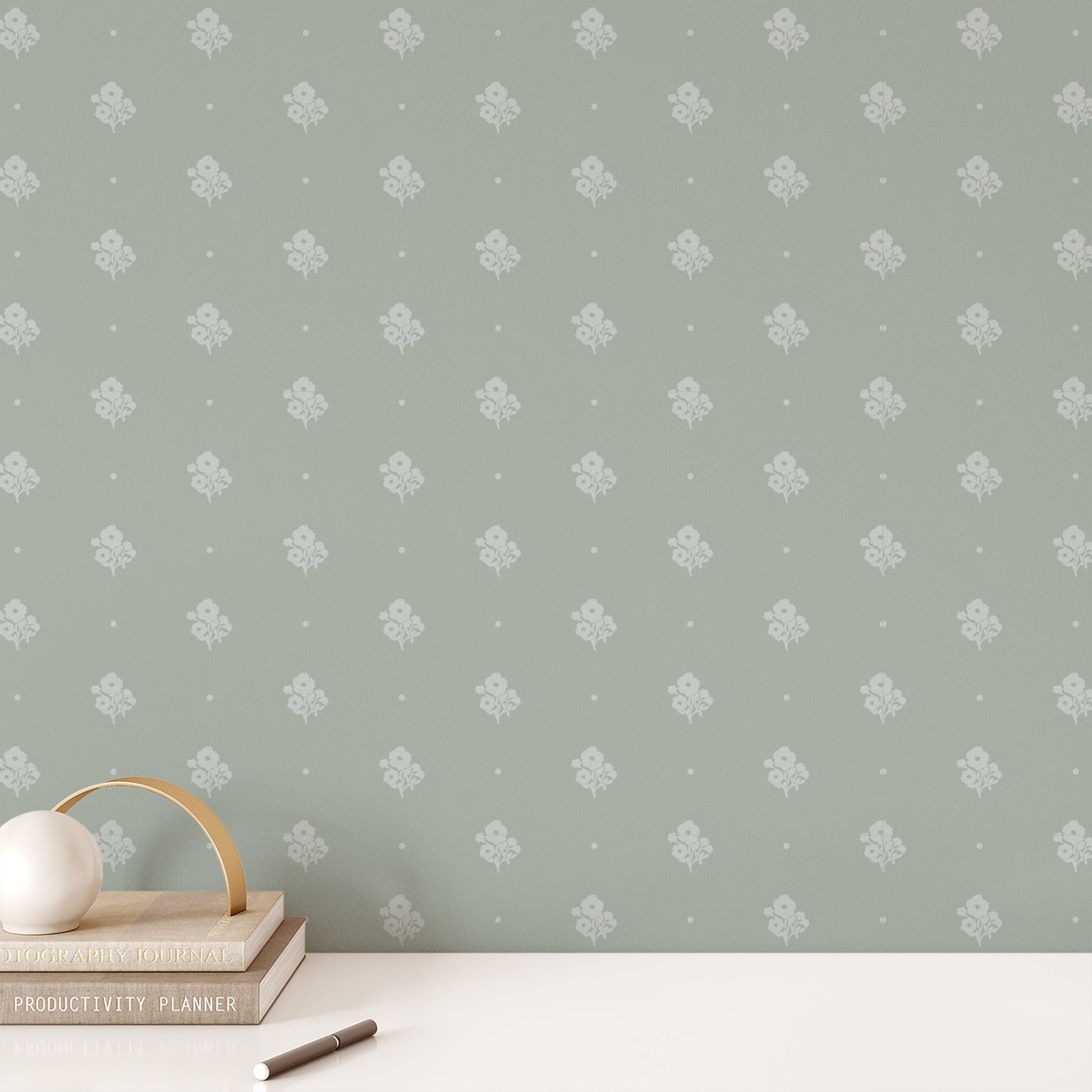 Elevate your home decor with our Cambridge Wallpaper in a sophisticated green hue shown in a full size image.