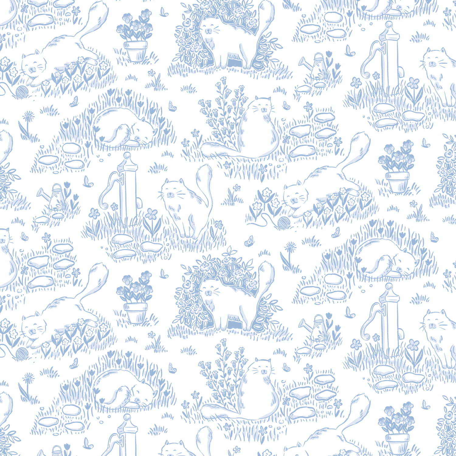 Scenes of a cat in the garden and other areas of nature in blue on a white background