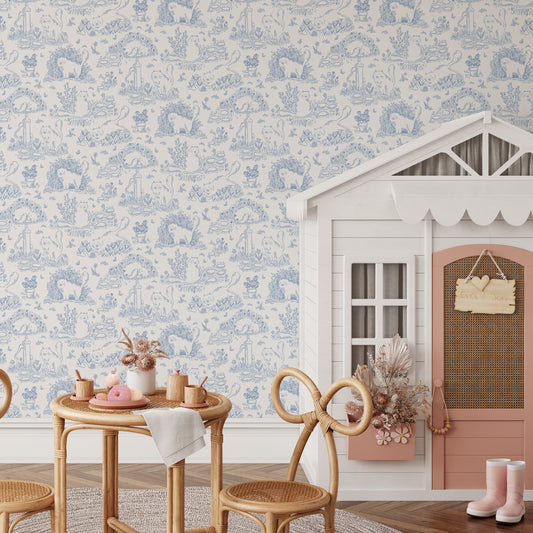 Children's playroom with blue and white patterned Cat Toile wallpaper, wooden chairs, and a dollhouse.