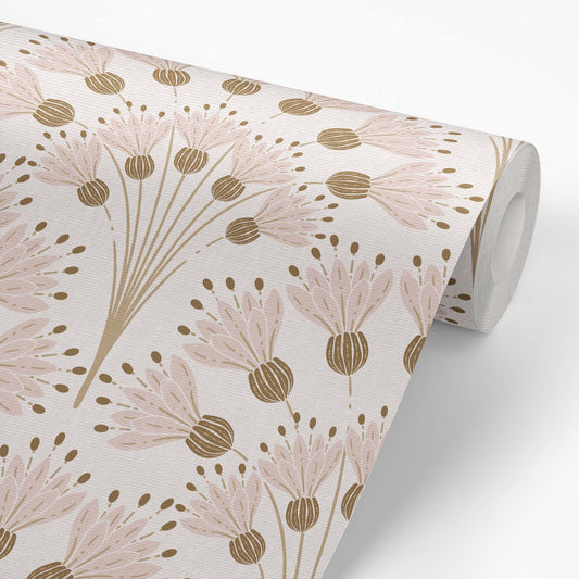 Celestial Bloom Wallpaper in Blush shown on a wallpaper roll.