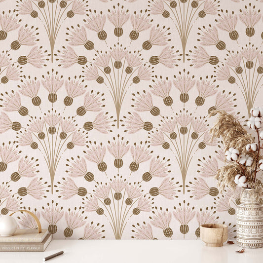 Celestial Bloom Wallpaper in Blush shown in an office.