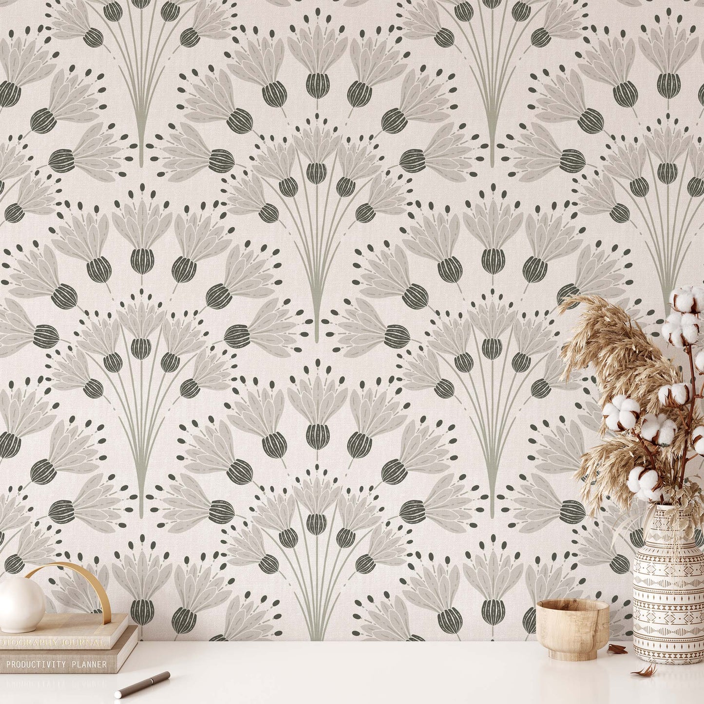 Celestial Blooms Wallpaper shown in an office.