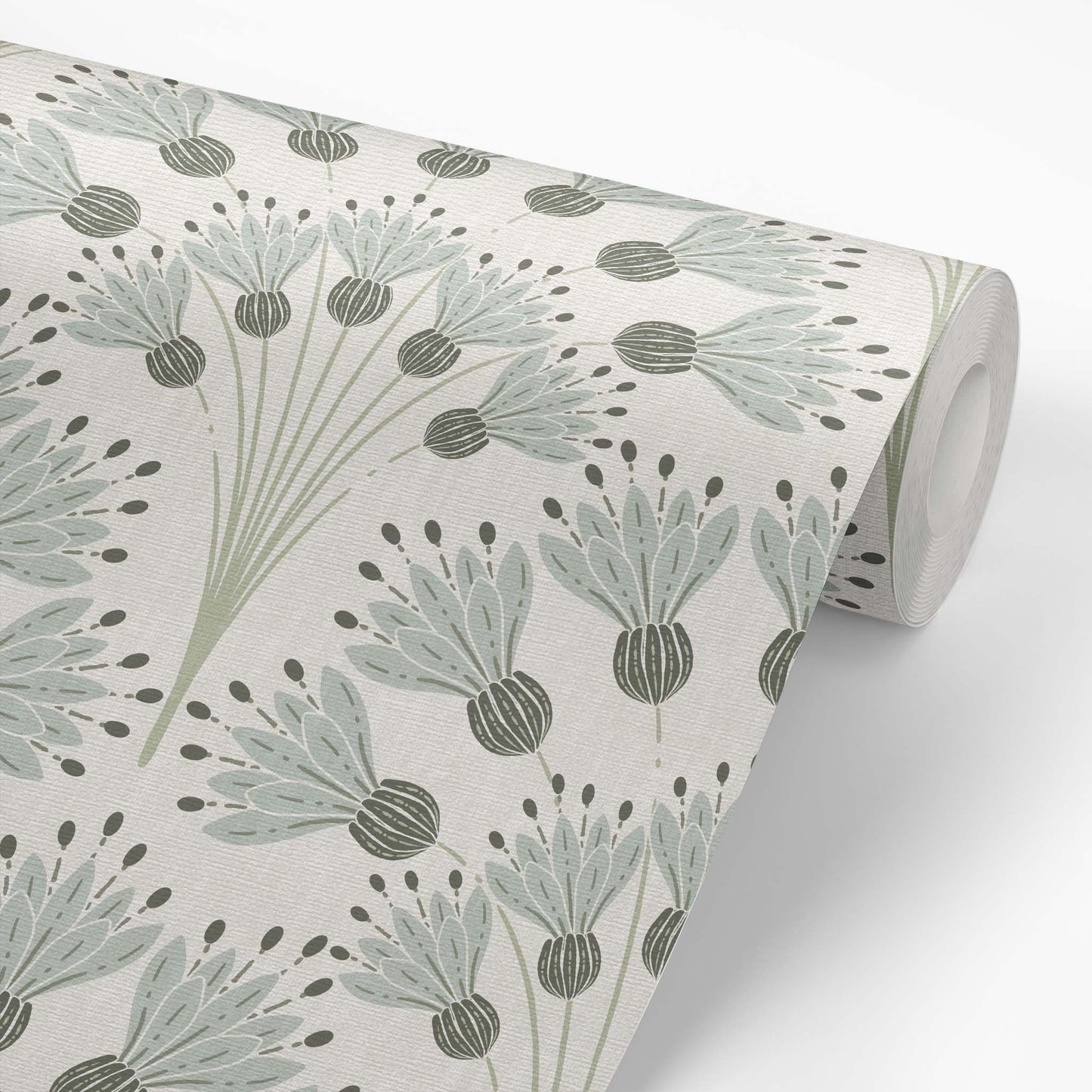 Celestial Blooms Wallpaper in Mint shown on a wallpaper roll.