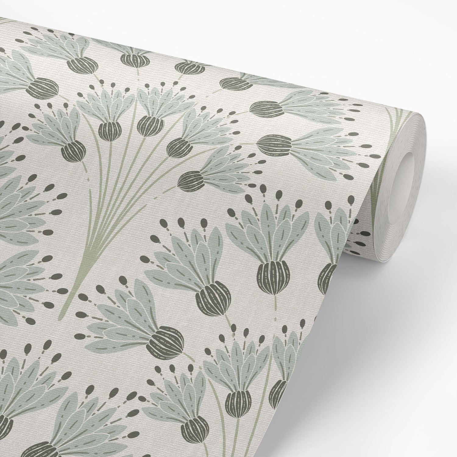 Celestial Blooms Wallpaper in Mint shown on a wallpaper roll.