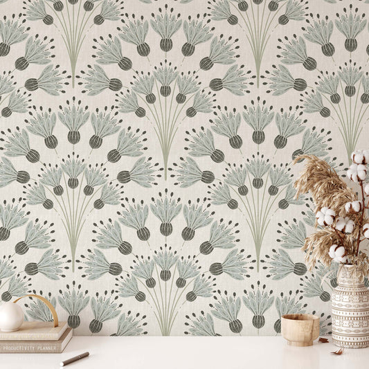 Celestial Blooms Wallpaper in Mint shown in an office.