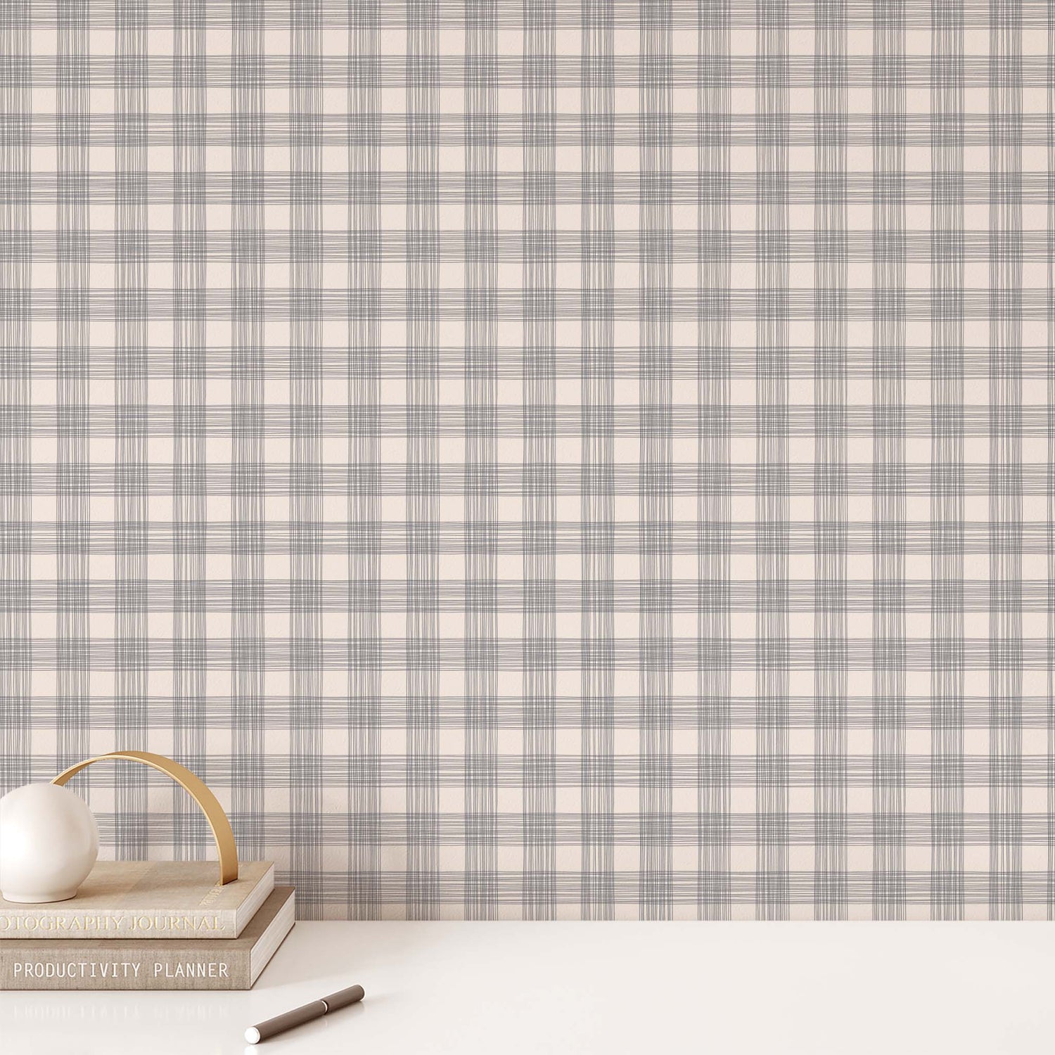 Office Wall featuring Ayara's Checked Marks Peel and Stick, Removable Wallpaper in Navy
