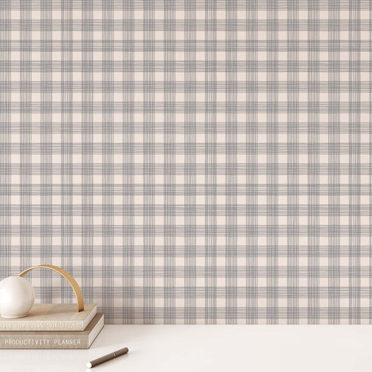 Office Wall featuring Ayara's Checked Marks Peel and Stick, Removable Wallpaper in Navy