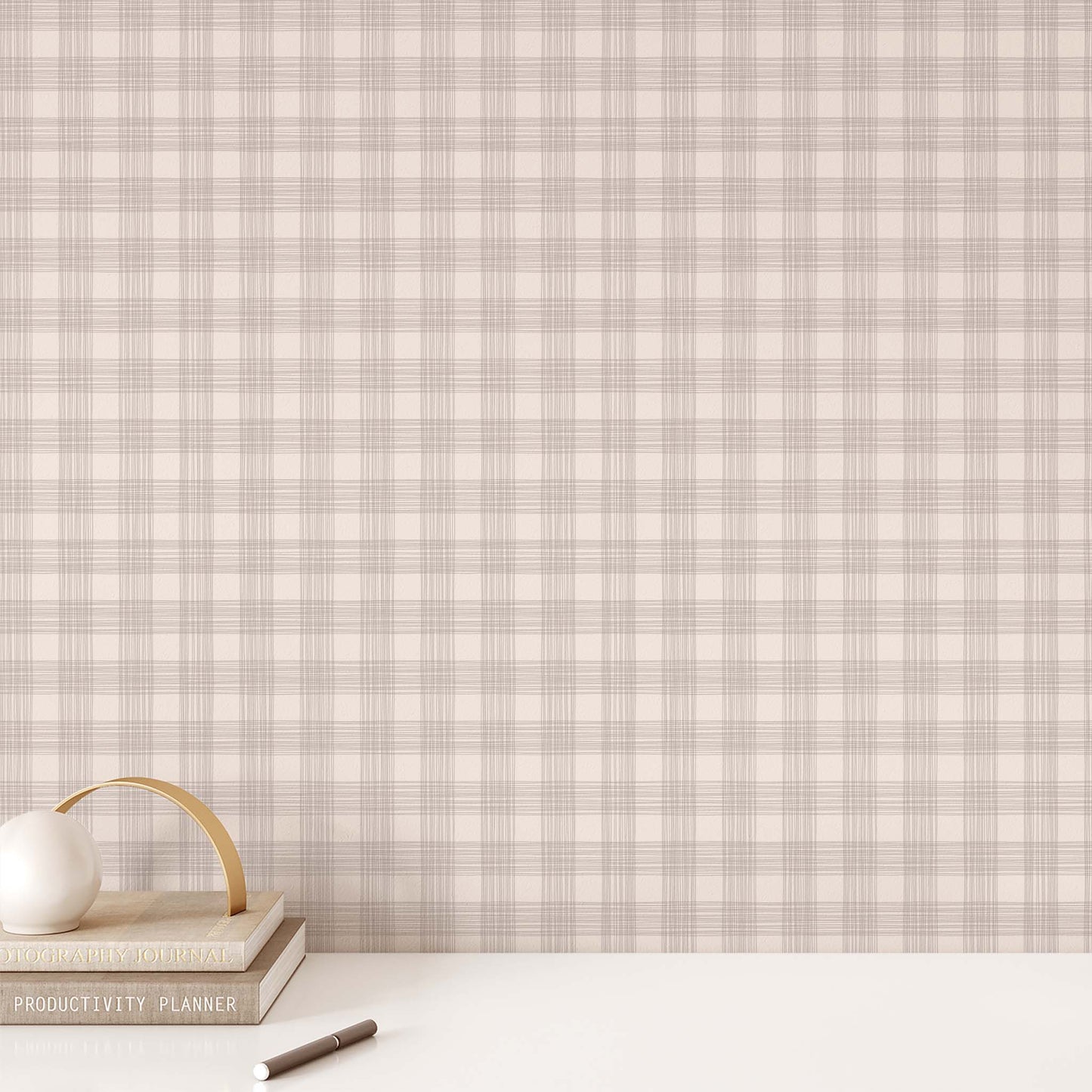 Office Wall featuring Ayara's Checked Marks Peel and Stick, Removable Wallpaper in Taupe