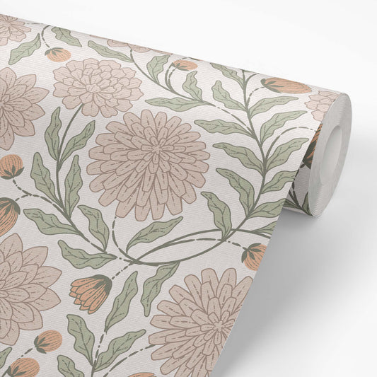 Chrysanthemum Garden Wallpaper in Blush shown on a wallpaper roll.