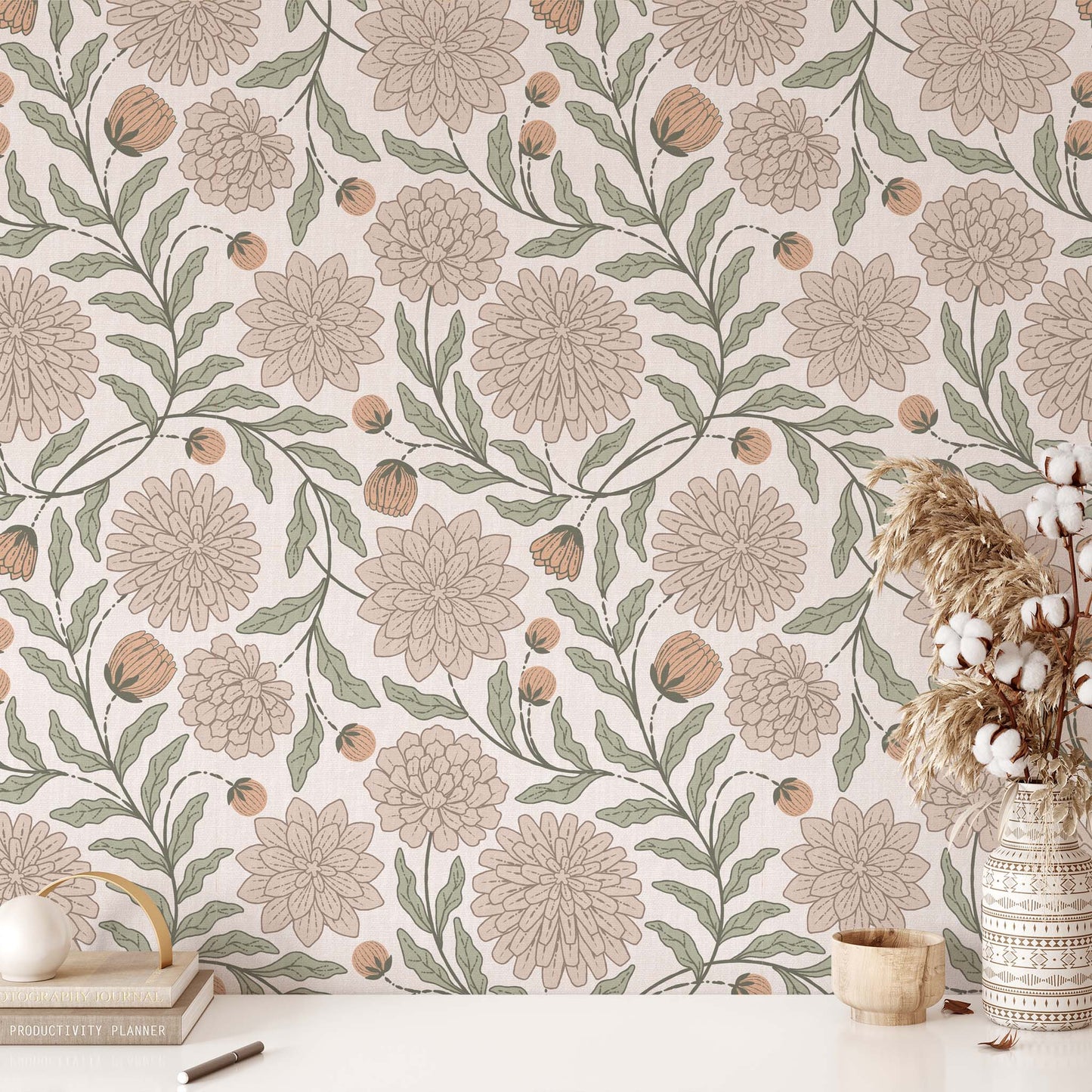 Chrysanthemum Garden Wallpaper in Blush shown in an office.