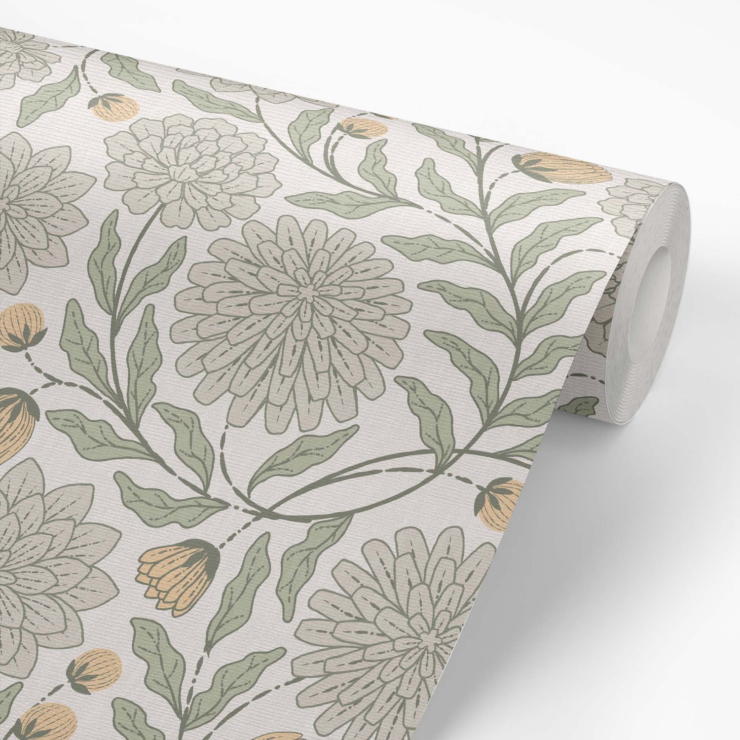 Chrysanthemum Garden Wallpaper in Ivory shown on a wallpaper roll.