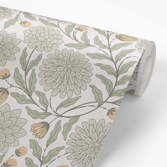 Chrysanthemum Garden Wallpaper in Ivory shown on a wallpaper roll.