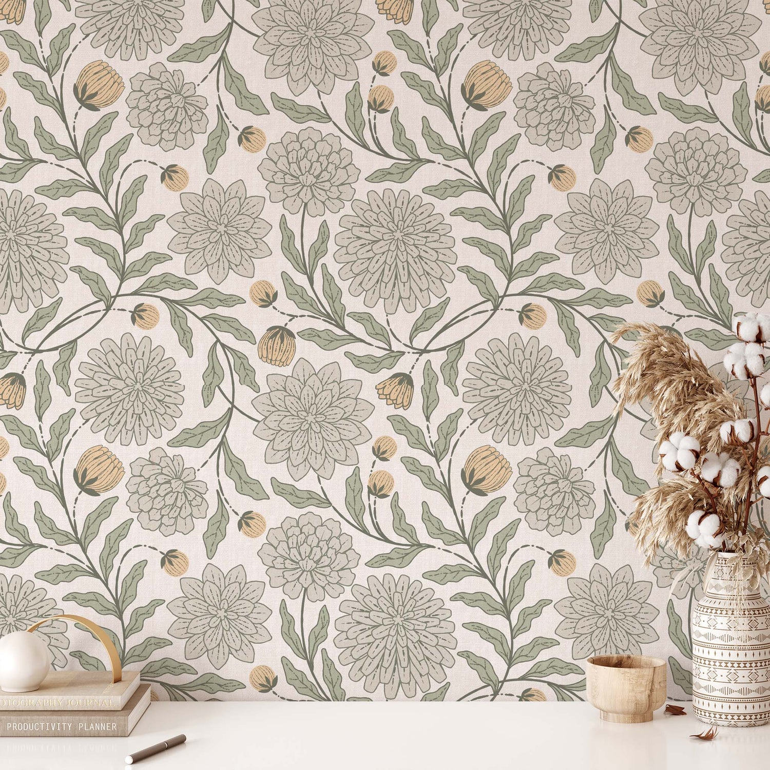 Chrysanthemum Garden Wallpaper in Ivory shown in an office.