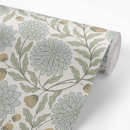 Chrysanthemum Garden Wallpaper in Sage shown on a wallpaper roll.