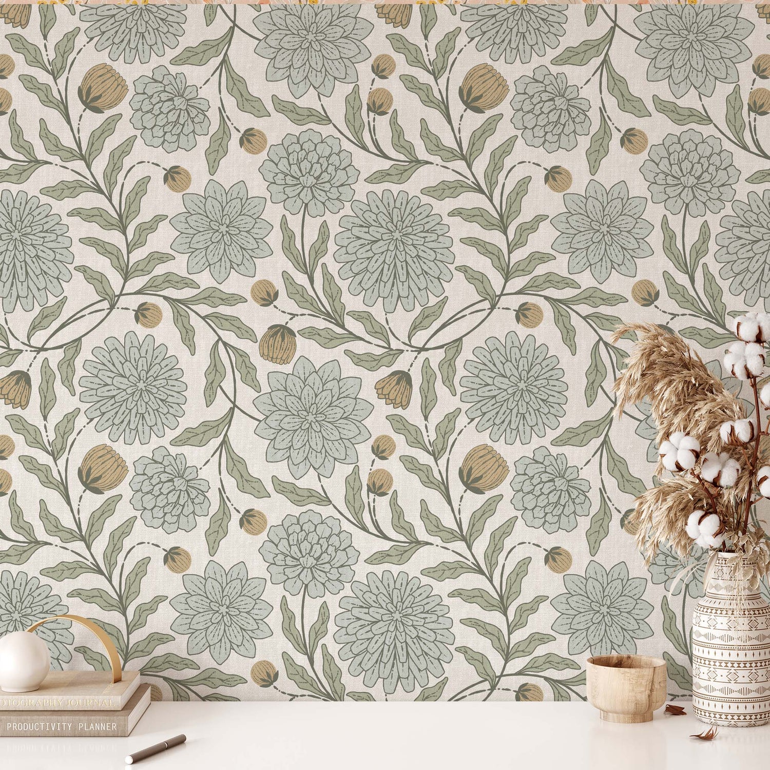 Chrysanthemum Garden Wallpaper in Sage shown in an office.