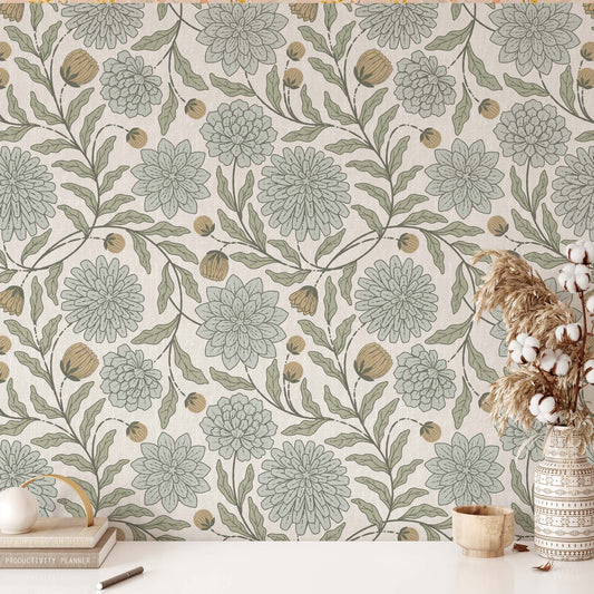 Chrysanthemum Garden Wallpaper in Sage shown in an office.