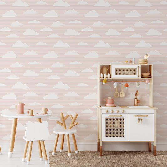 Clouds and Stripes Wallpaper - Pink