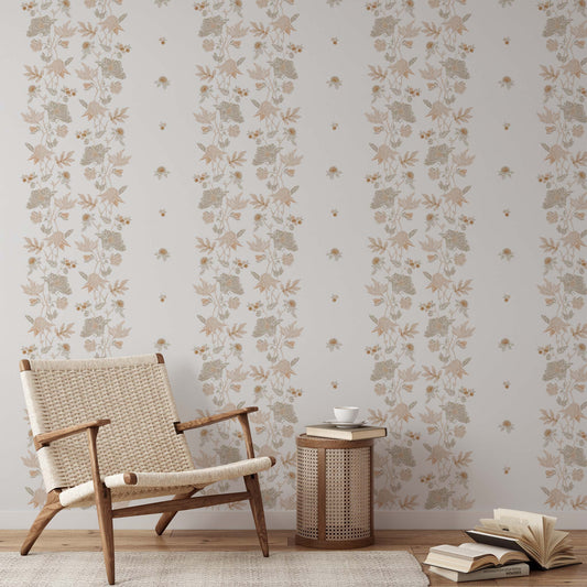 Coral Vines Wallpaper in Neutral shown in a living room
