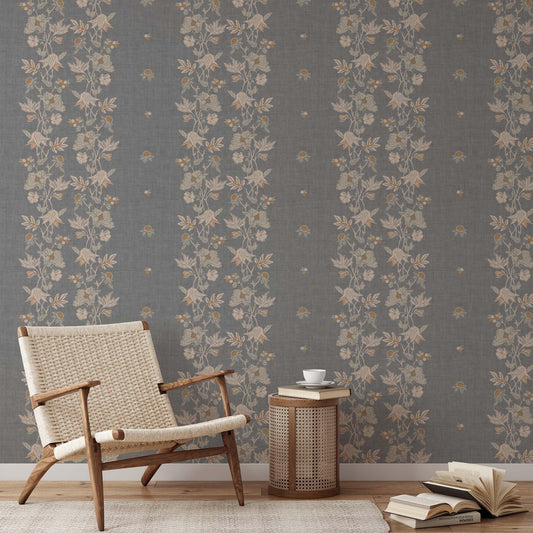 Coral Vines Wallpaper in Gray shown in a living room.