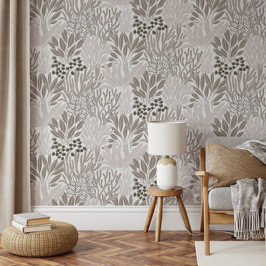 Coral Garden Wallpaper in Beige shown in a living room