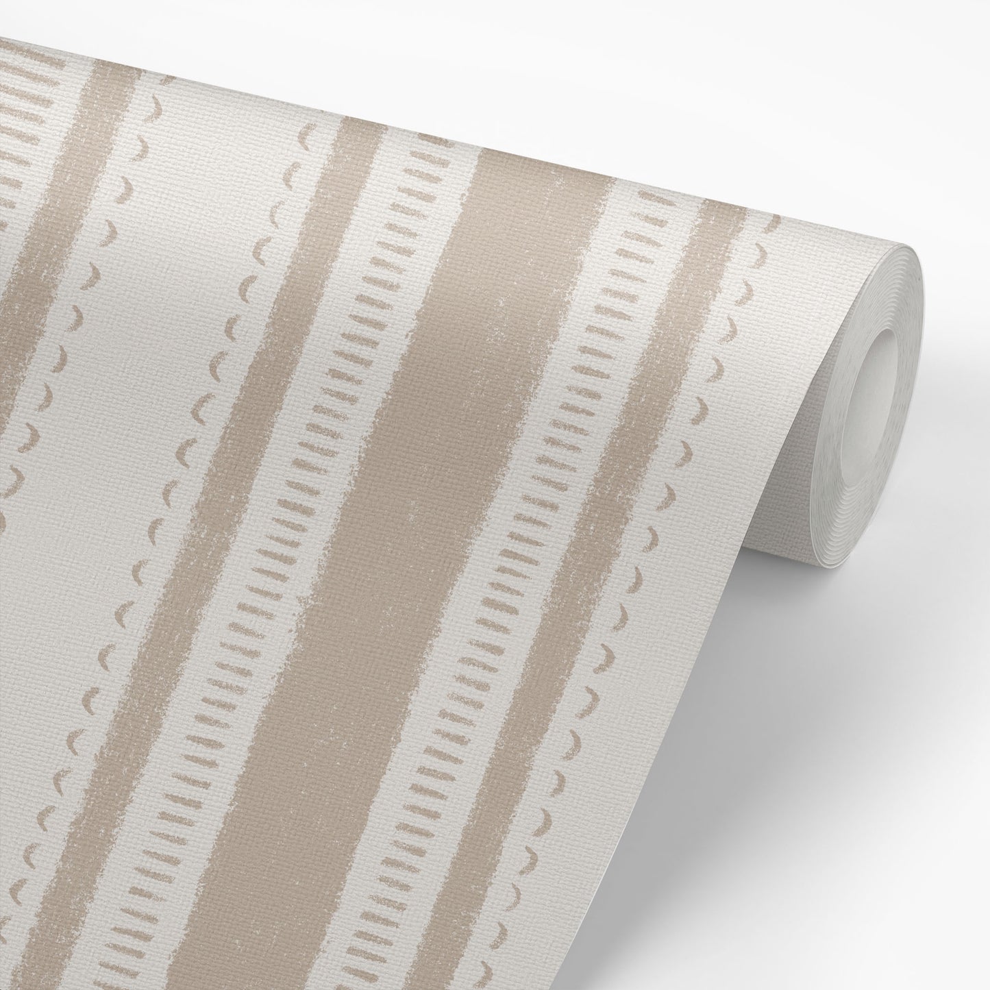 Cottage Stripes in Taupe shown on a wallpaper roll.