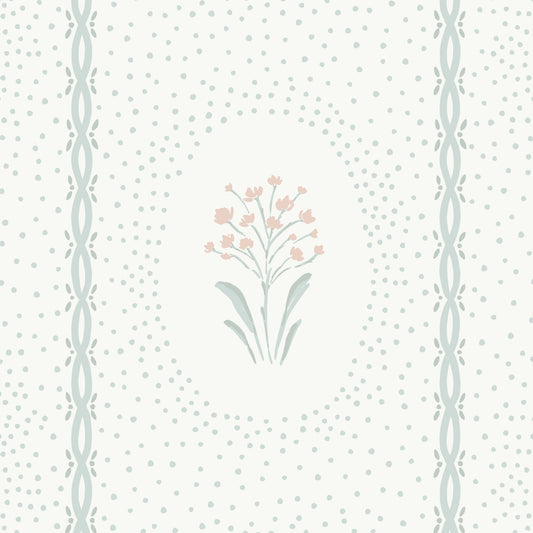 Cottage Dainty Floral Wallpaper in Soft Blue Green in a close up view